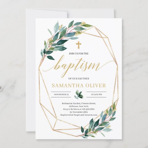 Green eucalyptus gold geometric frame baptism invitation