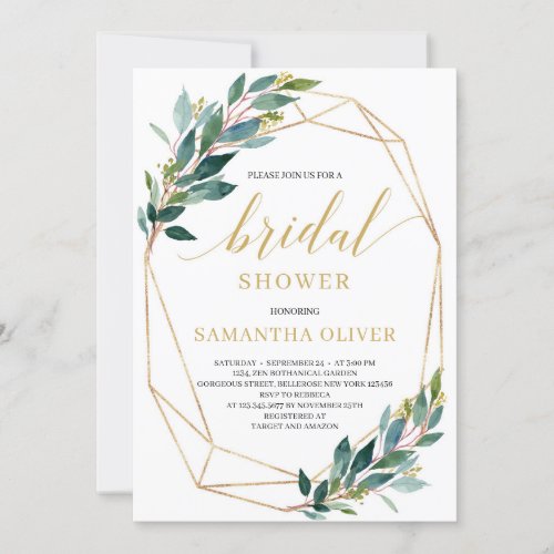 Green eucalyptus gold geometric frame bridal invitation