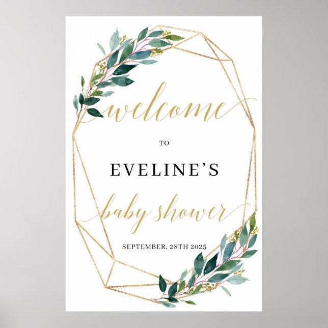 Green eucalyptus gold geometric frame welcome sign (Front)