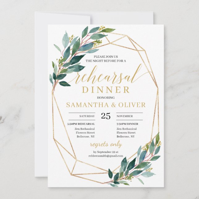 Green eucalyptus gold geometric rehearsal dinner invitation (Front)