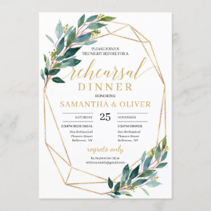 Green eucalyptus gold geometric rehearsal dinner invitation
