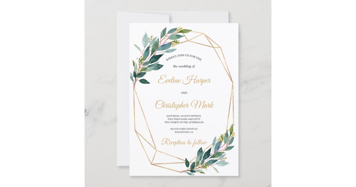 Green Eucalyptus Gold Geometric Wedding Invitation Zazzle 2209