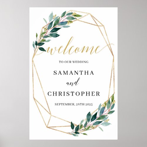 Green eucalyptus gold geometric wedding welcome poster