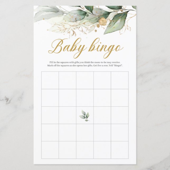 Green eucalyptus gold leaves boho baby bingo game (Front)