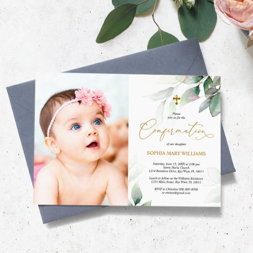 Green Eucalyptus  Gold Photo Girl Confirmation Invitation