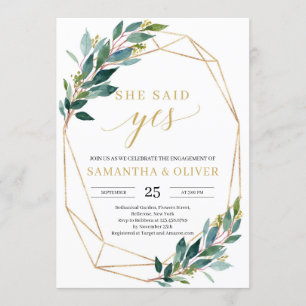 Green eucalyptus gold she said yes engagement invitation