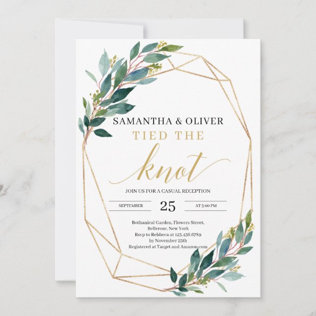Green eucalyptus gold tied the knot engagement invitation (Front)