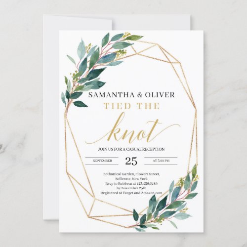 Green eucalyptus gold tied the knot engagement invitation