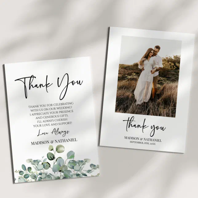Green Eucalyptus Greenery Garden Photo Wedding Thank You Card | Zazzle