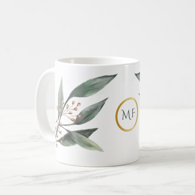 Green eucalyptus leaf foliage gum nuts monogram coffee mug (Front Left)