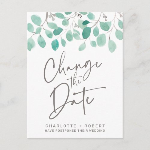 Green eucalyptus leaf wedding change the date announcement postcard