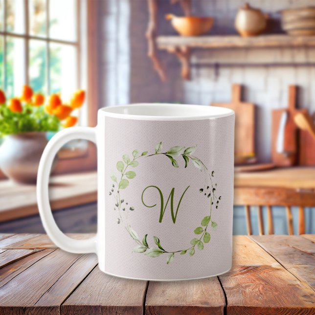 Green Eucalyptus & Leaf Wreath Script Monogram Coffee Mug (Green Eucalyptus & Leaf Wreath Script Monogram Coffee Mug
)
