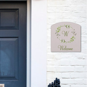 Green Eucalyptus & Leaf Wreath Script Monogram Door Sign