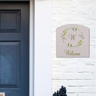 Green Eucalyptus & Leaf Wreath Script Monogram Door Sign