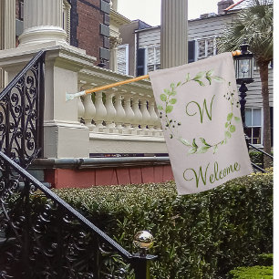 Green Eucalyptus & Leaf Wreath Script Monogram House Flag