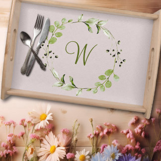 Green Eucalyptus & Leaf Wreath Script Monogram Serving Tray