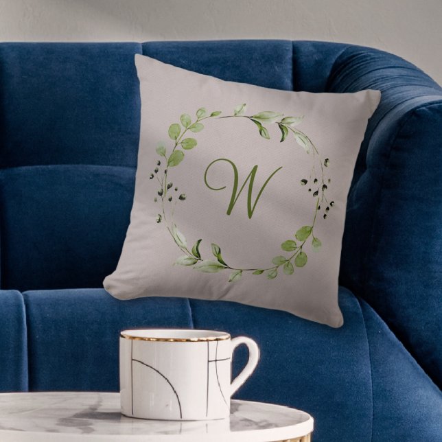 Green Eucalyptus & Leaf Wreath Script Monogram Throw Pillow (Green Eucalyptus & Leaf Wreath Script Monogram Throw Pillow
)