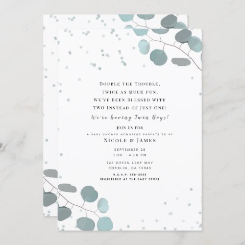 Green Eucalyptus Leaves Baby Shower Twins Invitation