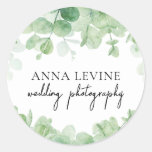 Green Eucalyptus Leaves Border Business Name Classic Round Sticker at Zazzle