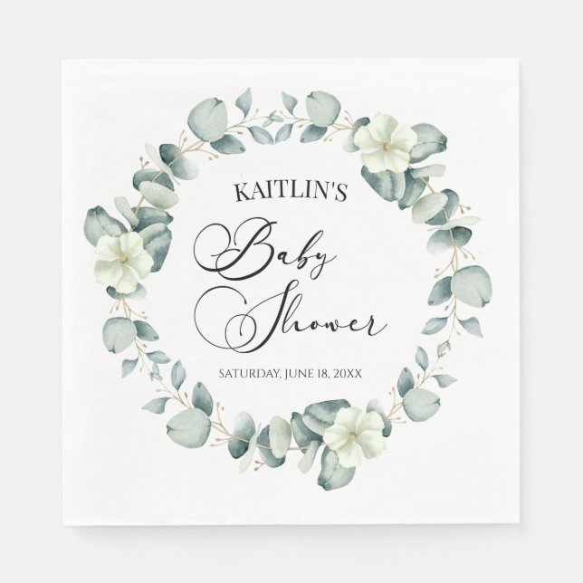 Green Eucalyptus Leaves Botanical Baby Shower Napkins (Front)