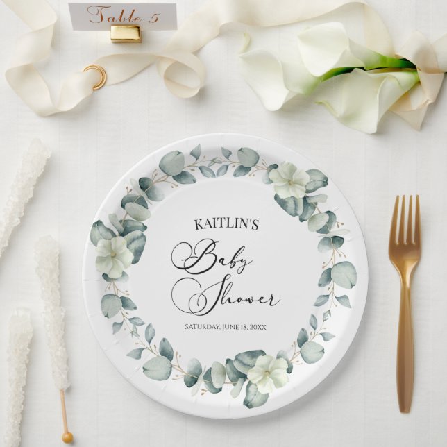 Green Eucalyptus Leaves Botanical Baby Shower Paper Plates (Wedding)