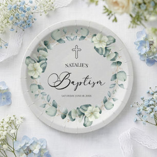 Green Eucalyptus Leaves Botanical Baptism Paper Plates