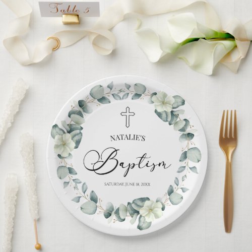 Green Eucalyptus Leaves Botanical Baptism Paper Plates