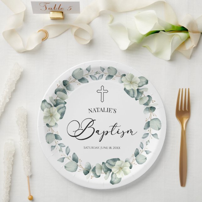 Green Eucalyptus Leaves Botanical Baptism Paper Plates (Wedding)