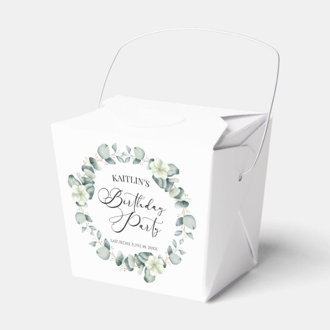 Green Eucalyptus Leaves Botanical Birthday Party Favor Boxes (Front Side)