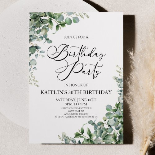 Green Eucalyptus Leaves Botanical Birthday Party Invitation