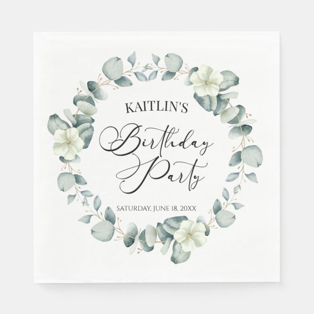 Green Eucalyptus Leaves Botanical Birthday Party Napkins (Front)