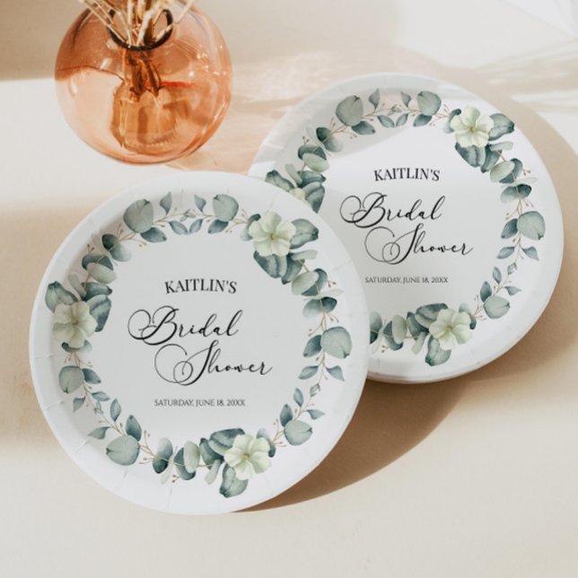 Green Eucalyptus Leaves Botanical Bridal Shower Paper Plates (Creator Uploaded)