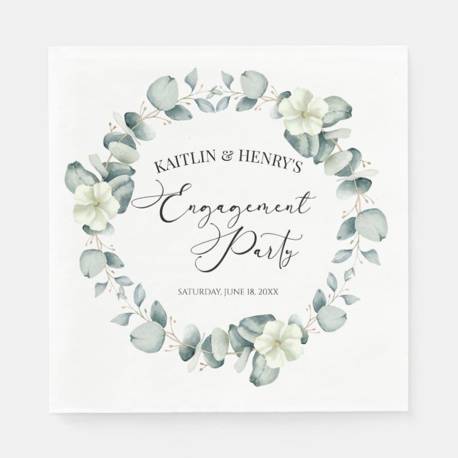 Green Eucalyptus Leaves Botanical Engagement Party Napkins (Front)