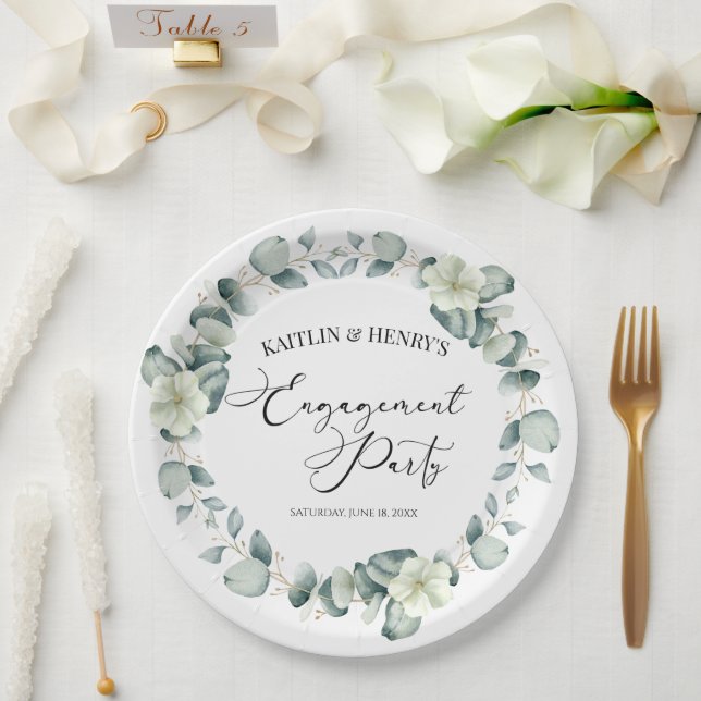 Green Eucalyptus Leaves Botanical Engagement Party Paper Plates (Wedding)