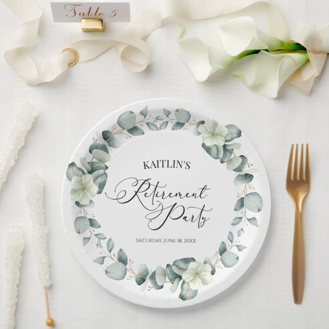 Green Eucalyptus Leaves Botanical Retirement Party Paper Plates (Wedding)