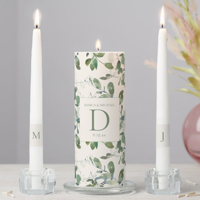 Green Eucalyptus Leaves Cream Monogram Wedding Unity Candle Set (In Situ)