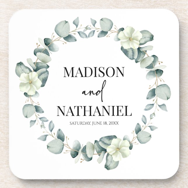 Green Eucalyptus Leaves Greenery Botanical Wedding Beverage Coaster (Front)