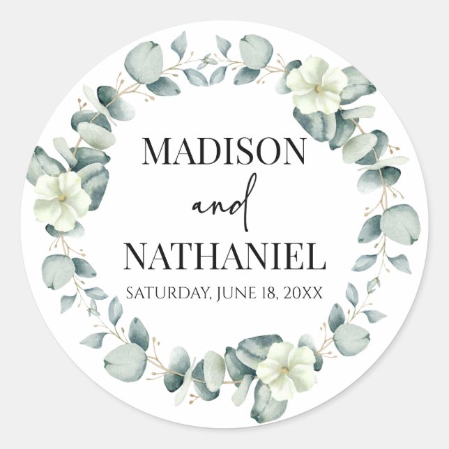 Green Eucalyptus Leaves Greenery Botanical Wedding Classic Round Sticker (Front)