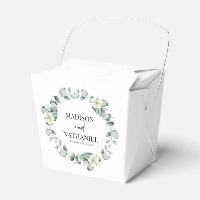 Green Eucalyptus Leaves Greenery Botanical Wedding Favor Boxes (Front Side)