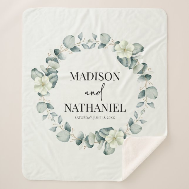 Green Eucalyptus Leaves Greenery Botanical Wedding Sherpa Blanket (Front)