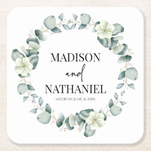 Green Eucalyptus Leaves Greenery Botanical Wedding Square Paper Coaster