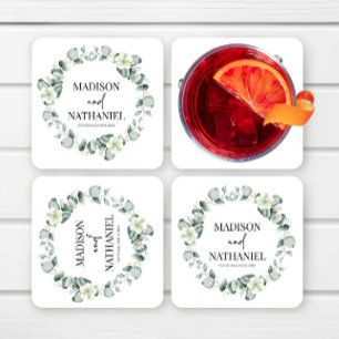 Green Eucalyptus Leaves Greenery Botanical Wedding Square Paper Coaster