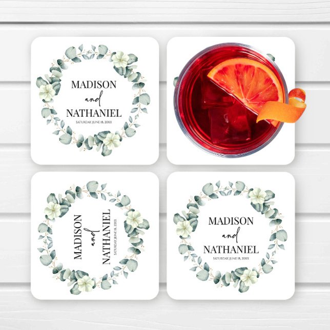 Green Eucalyptus Leaves Greenery Botanical Wedding Square Paper Coaster (Creator Uploaded)