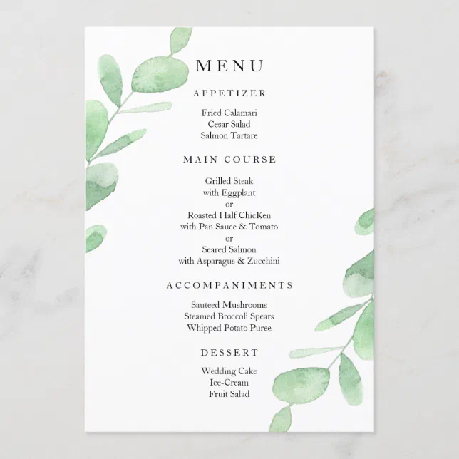 Green Eucalyptus leaves. Simple Botanical wedding Menu | Zazzle