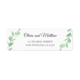 Green eucalyptus leaves. Simple wedding address Label