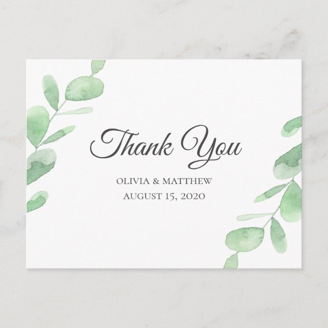 Green Eucalyptus leaves. Simple wedding Thank you Postcard (Front)