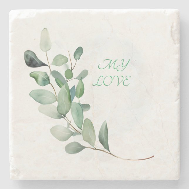 Green Eucalyptus Leaves Stone Coaster (Front)