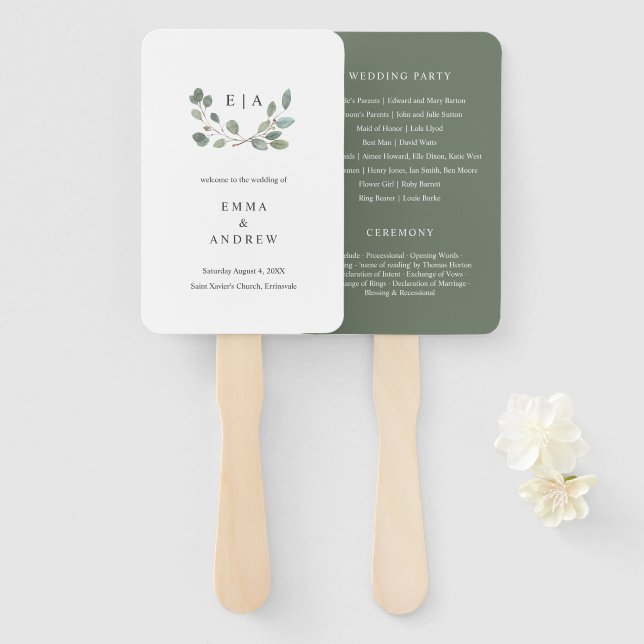 Green Eucalyptus Leaves Wedding Book Program  Hand Fan (Front and Back)