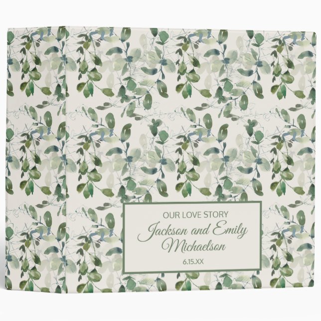 Green Eucalyptus Leaves Wedding Couple Scrapbook 3 Ring Binder (Front/Spine)