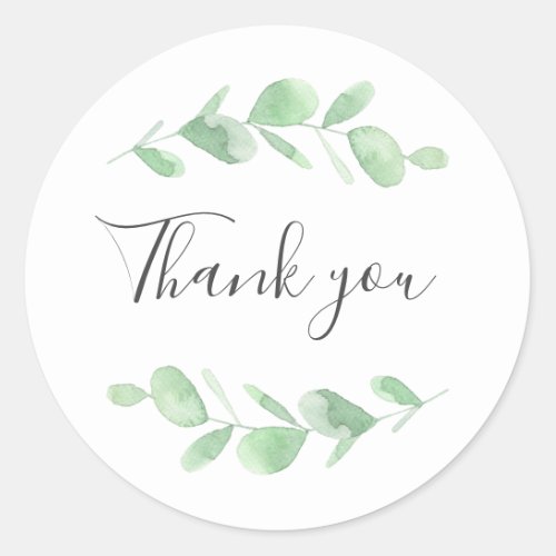 Green Eucalyptus leaves Woodland simple Thank You Classic Round Sticker